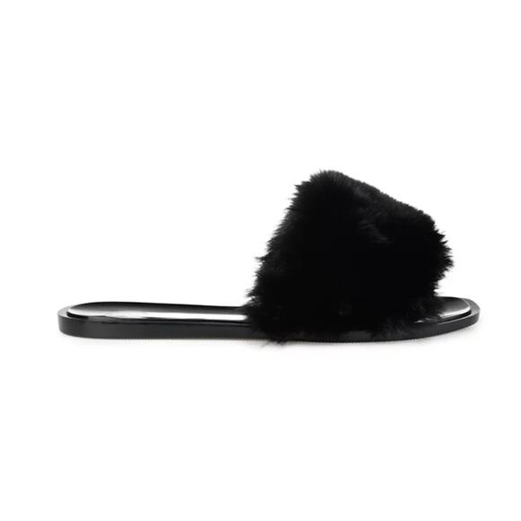JOURNEE COLLECTION 'DUSK' FAUX FUR BAND SLIDE SANDALS BLACK WOMENS 7M NEW - Picture 2 of 12